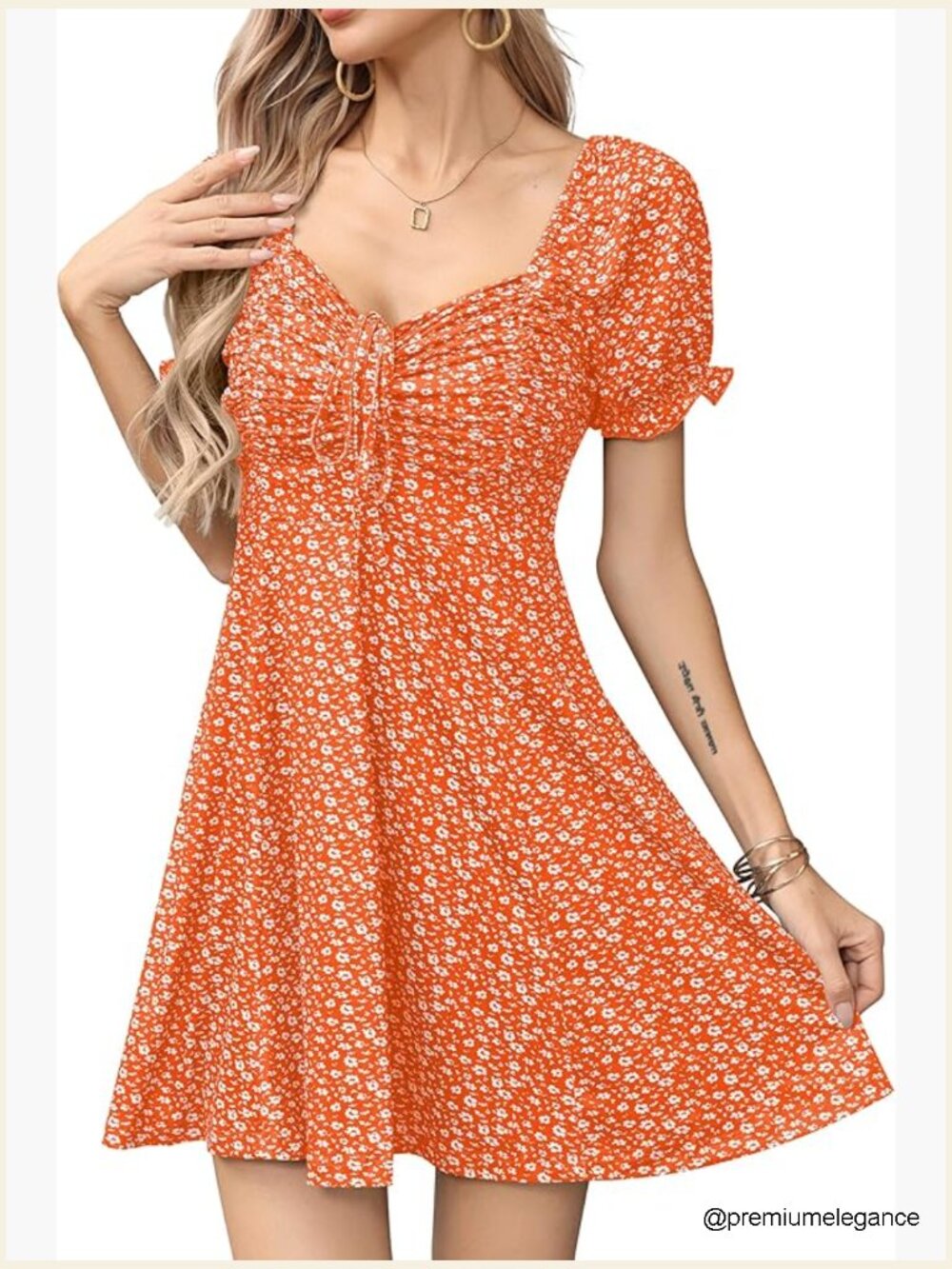 Puff Sleeve Fit Flare Mini Dress Drawstring Ruched Front Summer Casual